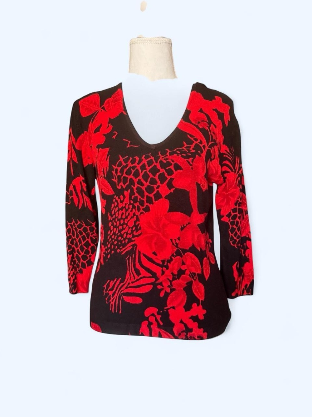 ❤️‍🔥 Vintage Black & Red Floral V-Neck Sweater Top 🌹